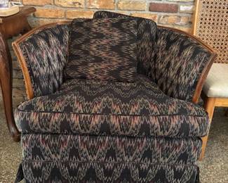 vintage oversized barrel chair with a dark blue fabric and chevron pattern. Matching couch if wanted, 2 for 1.
