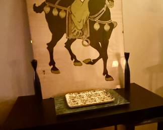 Large Chinese print Black Horse Highlighted with Gold Accents 

