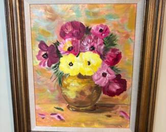 Framed & Signed Purple & Yellow Bouquet in Vase Oil on Canvas