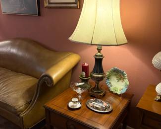 Mid Century Modern Walnut End Table, Solid Brass Lamp with Shade