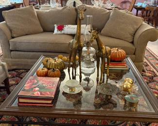 Ornate Metal Glass Top Coffee Table, Traditional Upholstered English Roll Srm Sofa