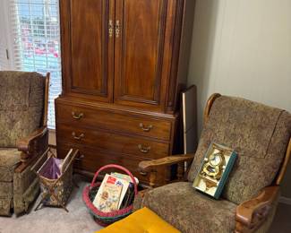 Henredon Natchez Collection Mahogany Armoire, Vintage La-Z-Boy Rocking Recliners with Wooden Arms