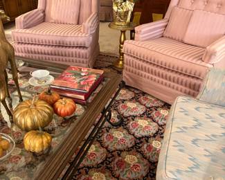 Custom Upholstered Pink Striped Wingback Arm Chairs with Skirted Base