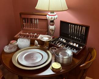 Drop Leaf Table with Turned Legs & Brass Castors, Oneida Community “Gresvenor” 62 Piece & “Evening Star” 58 Piece Flatware Sets with Chests