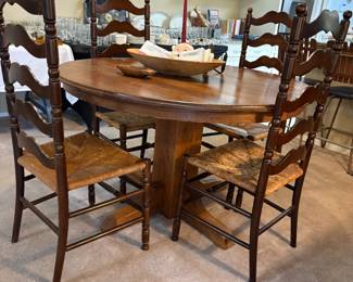 Vintage Mission Arts & Crafts Style Round Pedestal Dining Table, Ladderback Chairs with Woven Rush Seats (Set of 5)