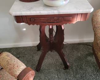 Eastlake Hand carved Walnut Side table with Marble Top
