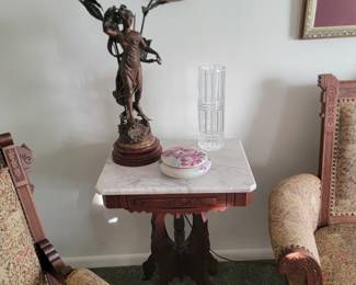 Eastlake Carved Walnut Side Table with Marble Top