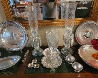 Pair of Baccarat France Medallion Crystal w/Glass Hurricane Table Lamps