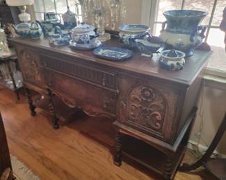 Antique Server with Blue & White Victoria Ware Ironstone Items