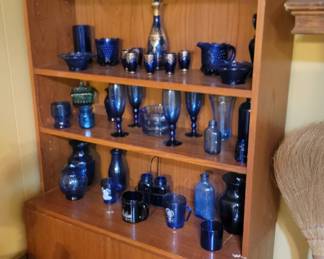 MCM Bookcase with Blue Glass Items