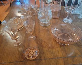 Pink Depression Glass and Crystal