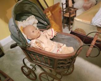 Vintage 1950's Collectible Victorian Natural Wicker Stroller and Baby Doll
