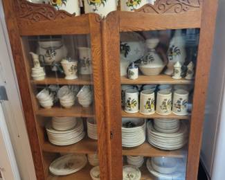 Vintage China Cabinet Filled with Metlox Poppy Trail Provincial Dishes, Cannister Set & more