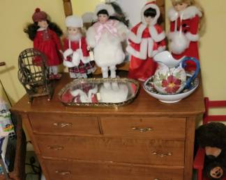 Antique Dresser & Mirror and Christmas Dolls