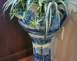 Vintage Large Blue & White Jardiniere Basin w/Pedestal Stand with Silk Plant