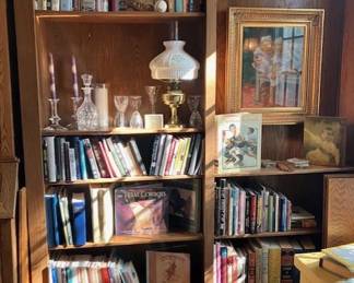 More library, Waterford wine glasses, antique kerosene lamp