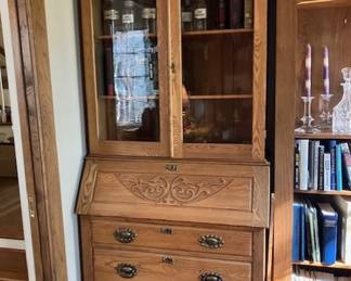 Victorian oak drop front desk and china cabinet