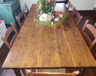 Antique dining table and rush seat chairs