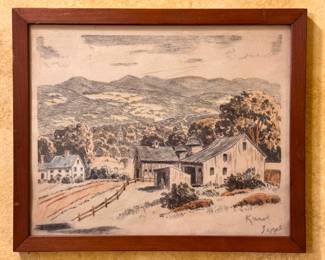 “Apple Hill Family Farm in Jonesville, Michigan” Original Charcoal Landscape by Karol Zipple - from 1960’s (12” x 14”)