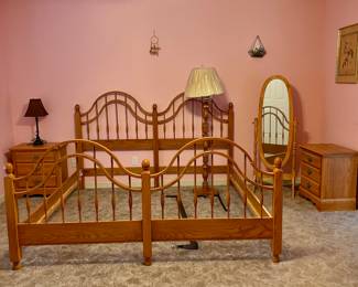 Kingsize Bed Frame , Pair of End Tables, Dresser and Mirror, Full Length Mirror, Floor Lamp.