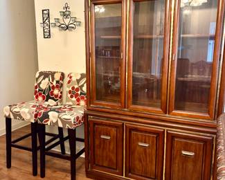 China Cabinet and Pair of Bar Stools