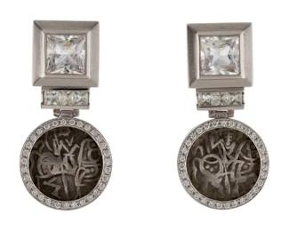 7.82 ct white topaz and diamond Barry Brinker earrings signed - Ancient Byzantine coins inset
