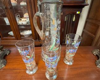 Hand Enameled German Stein and Glasses