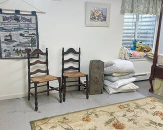 Wood dining chairs, rugs, blankets,