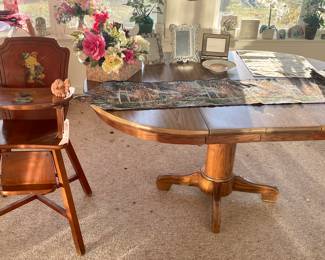 Solid wood dining table, antique high chair