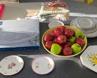 Mikasa crystal, plates, faux fruit bowl