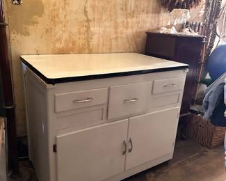 Mid-Century Rolling Kitchen Utility Cabinet w/ Porcelain Enamel Top 
