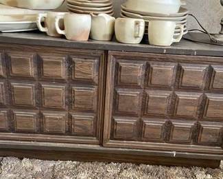 Mid Century Veneer & Metal Cabinet + Frankoma Pottery Dish Set with Serving Pieces