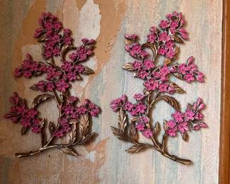 Pair of vintage Syroco cherry blossom bonsai wall hangings