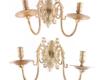 Pair of Solid Brass Two-Arm Wall Sconces — French Rococo Revival / Louis XV Style
