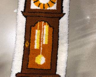 Vintage, handmade grandfather clock latch hook rug / wall hanging.