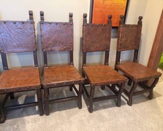VINTAGE SPANISH REVIVAL STYLE DINING CHAIRS W/LEATHER & NAIL HEAD TRIM. SET OF 4 