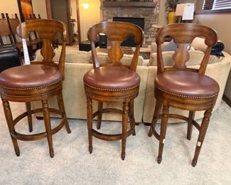 SOLID WOOD LEATHER SWIVEL BAR STOOLS WITH BACK & FOOT REST