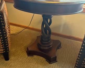 ROUND HAND CARVED PEDESTAL TABLE WITH BRAIDED BASE
