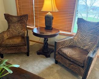 ZEBRA PRINT WING BACK CHAIRS W/DOUBLE ROW NAIL HEAD TRIM