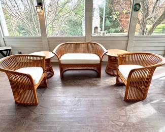 ($950 Scandinavian design solid teak settee 5 x 27 x 33), ($450 each- Scandinavian design solid teak table- 2 available- 29 x 29 x 24), ($650 each- Scandinavian design solid teak chair- 3 available)