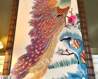 $300- Chinoiserie silk embroidery in amazing wooden frame, Large scale- 34x56
