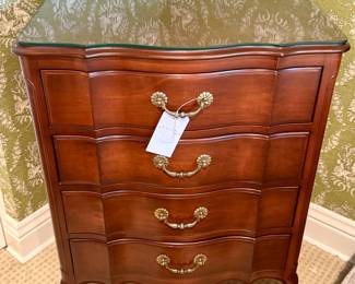 $350 (each)- Dark wood four drawer chest (2 available)- 27.5x17x33.5, Ex condition! Glass top. 