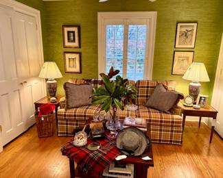 ($850 Henredon custom upholstered sofa 80 x 36 x 36), ($50 custom made throw pillow- 2 available- 24 x 24), ($80 nesting tables- set of 3- lrg: 25 x 20 x 22), ($48 ginger jar lamp- 2 available- 27.5”), ($20 women’s L.L. Bean wool fedora), ($100 vintage woven bamboo umbrella stand 18’), ($650 Frank Lloyd Wright coffee table 36 x 36 x 18), ($6 each- assorted small handbags), ($20 crystal vase 19.5”), ($20 assorted wool throws), ($20 crystal goblets- set of 6), ($40 American Brilliance crystal compote)