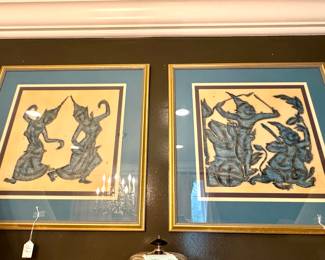 $550  - Thai temple rubbing warrior - 30x30; $550- Thai Blue Dancers-30x30