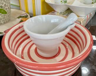 ($10 each ceramic serving bowl- 2 available- 10”), ($8 porcelain mortar and pestle set 5”)