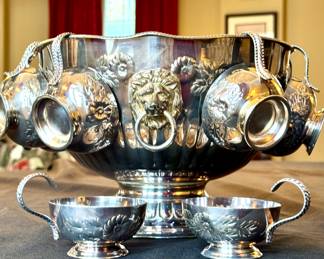 $420 - Silver plate punch bowl with 12 cups