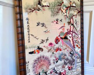 $ - Chinoiserie silk embroidery in amazing wooden frame; Large Scale - 40x59
