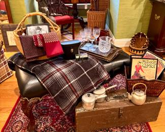 ($400 leather top nailhead trim bench- carved legs 46 x 22 x 21), ($80 emergency home repair kit- contents included- 31 x 9 x 10), ($28 fleece blanket), ($26 vintage binoculars in case), ($30 hand-woven basket made in Ghana), ($30 each- various silk scarves), ($10 basket/magazine holder), ($20 each, 3 available, various French prints, framed), ($28 crystal pitcher), ($30- set of 4 wine glasses), ($150 vintage wool rug 5’ x 7’)