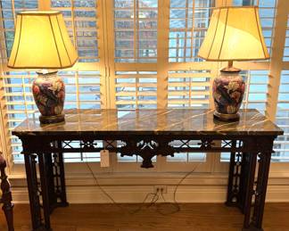 Gorgeous piece!  ($1500 Chinoiserie style- dark wood console / hall table with marble top 72 x 20 x 37), ($300 each- vintage Frederick Cooper pink lotus Chinoiserie table lamp- 2 available- 32”) 