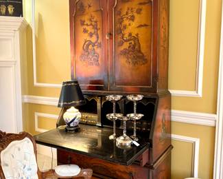 $700 - Chinoiserie Secretary - 30x16x75; $48 - Set of 5 silver plate wine/champagne; $48- Small Lamp; $200 - Victorian tufted armchair; $- umbrella holder